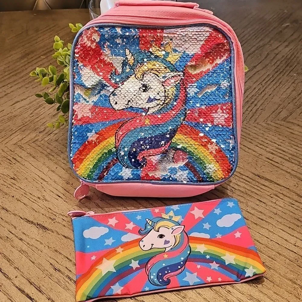 Colorful Unicorn Sequin Lunch Bag And Pencil Holder NWOT